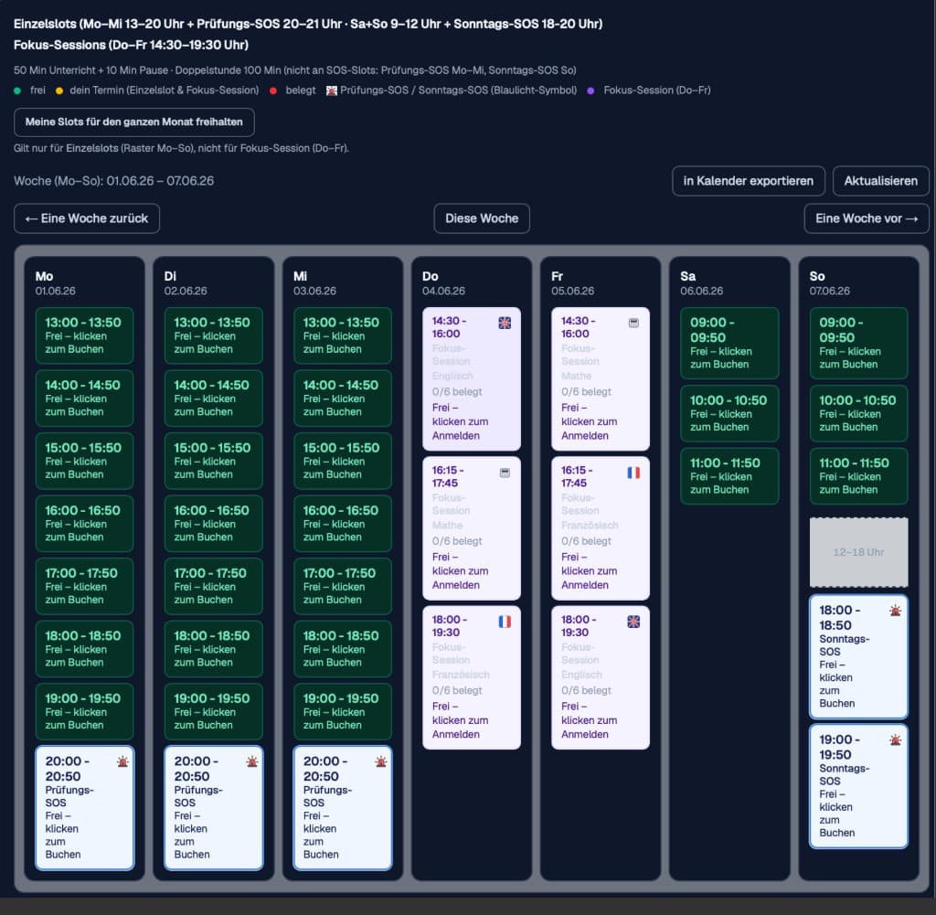 Screenshot: Terminbuchung im Schülerportal mit freien Slots und Fokus-Sessions