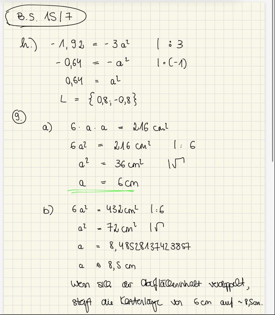 Handschriftliches Mathe-Arbeitsblatt mit ausgearbeiteter Lösung