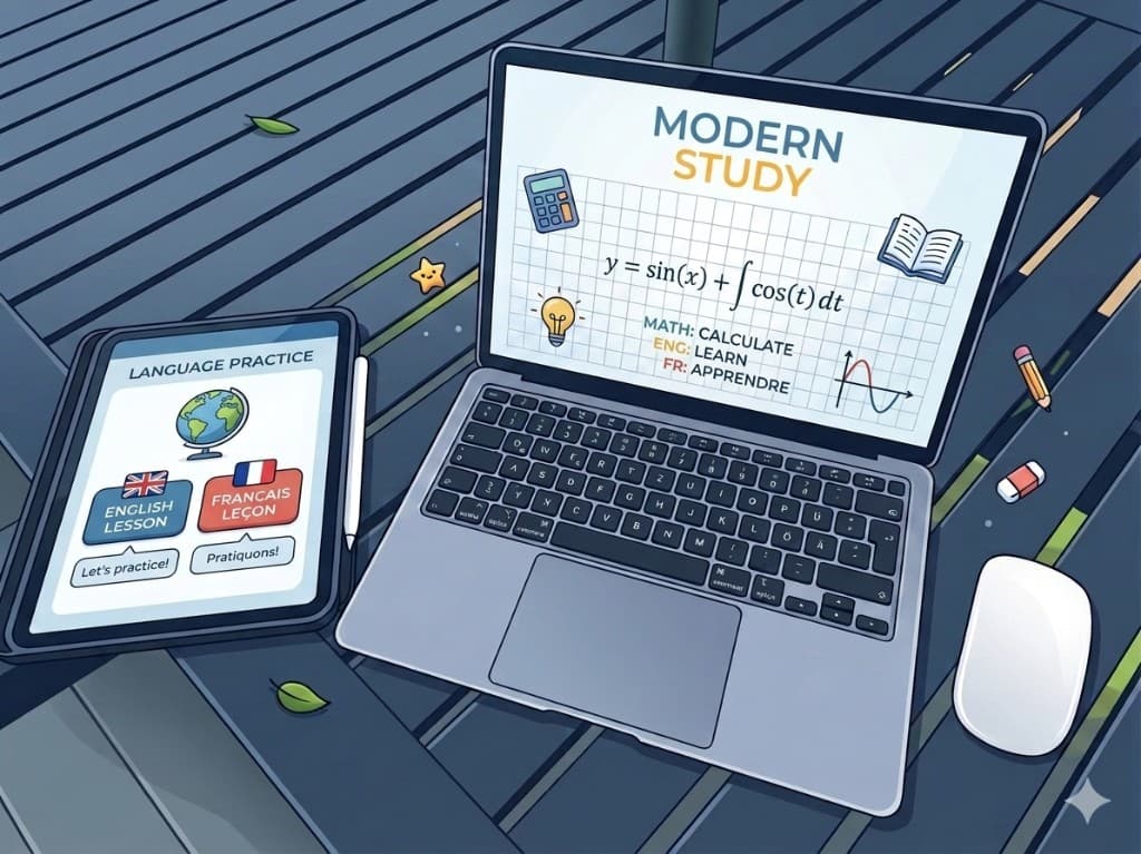 Illustration: Laptop und Tablet mit Mathe- und Sprachübungen am Schreibtisch